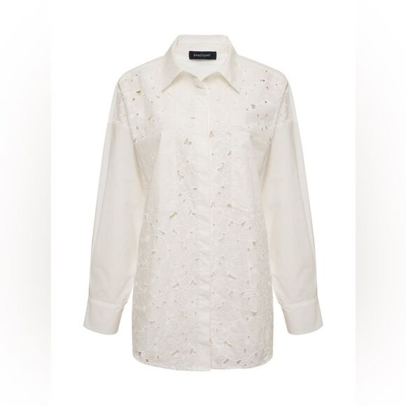 Sanctuary Lace Boyfriend Tie Back White Shirt | Size Small - Picture 9 of 13